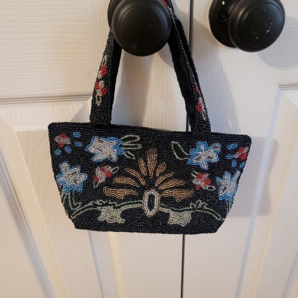 Beaded Black Floral Handbag -Purse Small Women's Tote SWEET LO